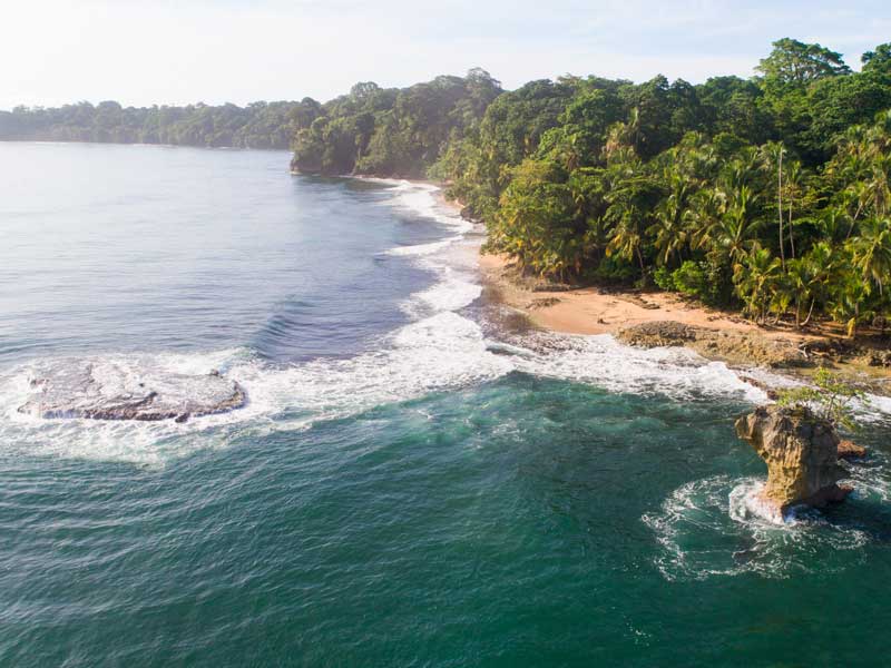 Vista aérea de una playa tropical y el océano.