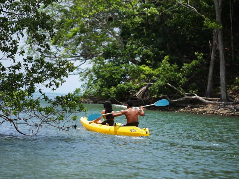 Un hombre está remando con un kayak en el agua.