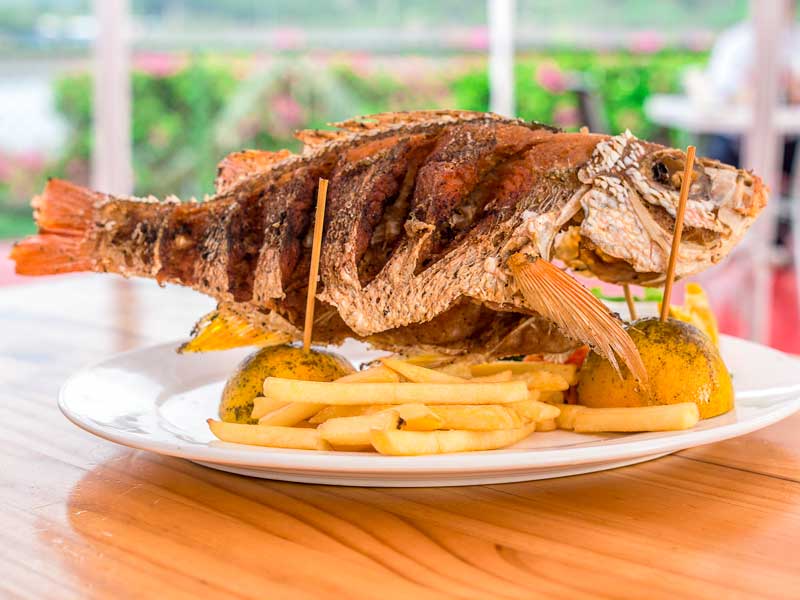 Un plato de comida sobre una mesa de madera.