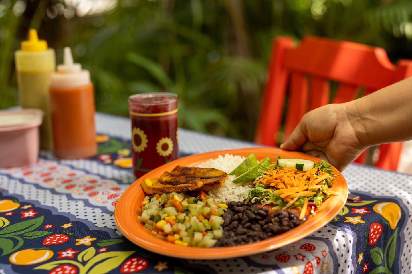 la mano colocando un plato de comida en una mesa