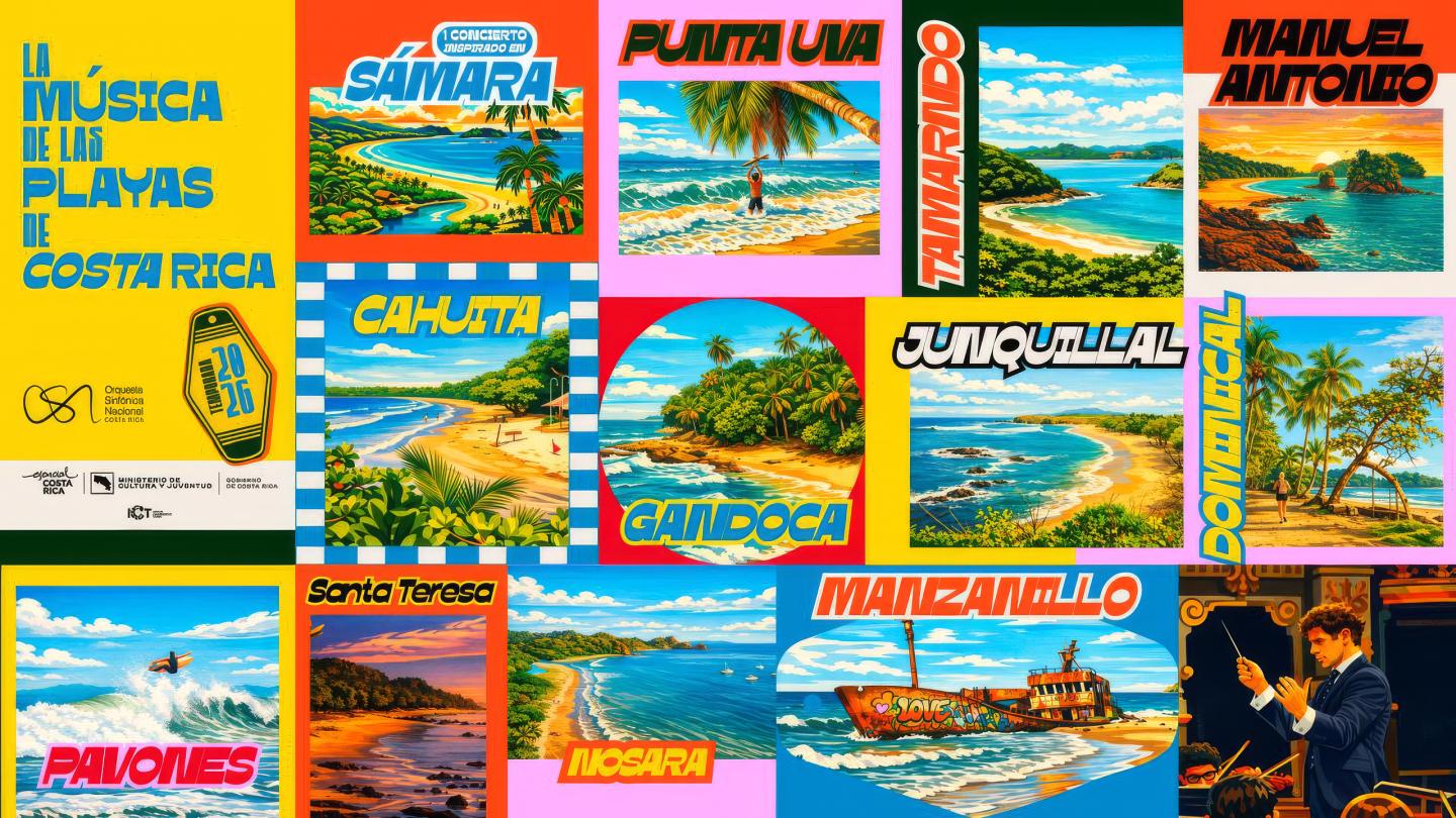 Un colorido póster cuadriculado titulado «La música de las playas de Costa Rica, que muestra ilustraciones de escenas playeras con los nombres de las localidades costeras (Sámara, Punta Uva, Tamarindo, Manuel Antonio, Cahuita, Gandoca, Junquillal, Dominical, Pavones, Santa Teresa, Nosara, Manzanillo) dispuestas como carteles de conciertos sobre un fondo vibrante.
